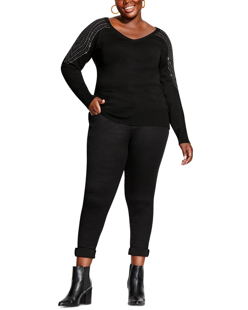 Front of a model wearing a size 20 City Chic Women's Trendy Plus Size Dream Shoulder Sweater Black Size 20 in Black by City Chic. | dia_product_style_image_id:314342